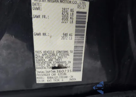 2017 Nissan Altima 2.5 S z USA, uszkodzony, nr VIN 1N4AL3AP7HN360735